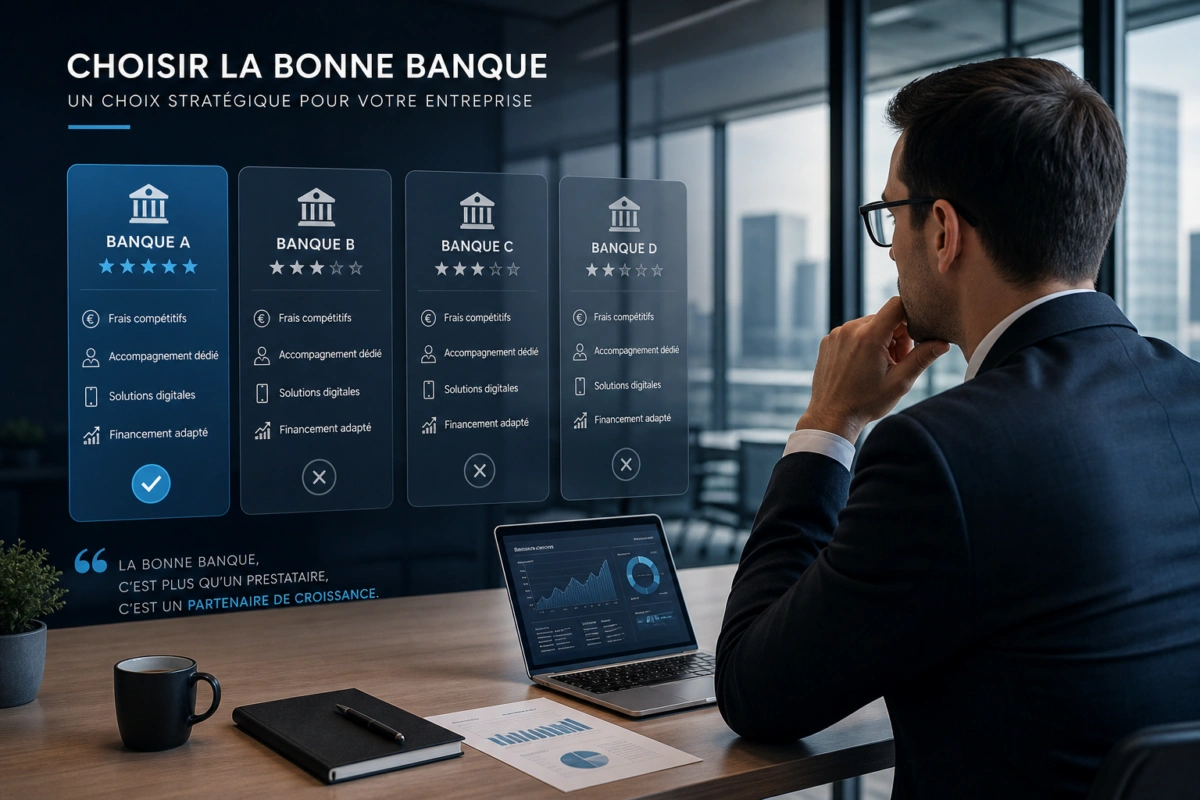 Comparatif des banques A à D pour une entreprise, avec Banque A mise en avant comme meilleure option