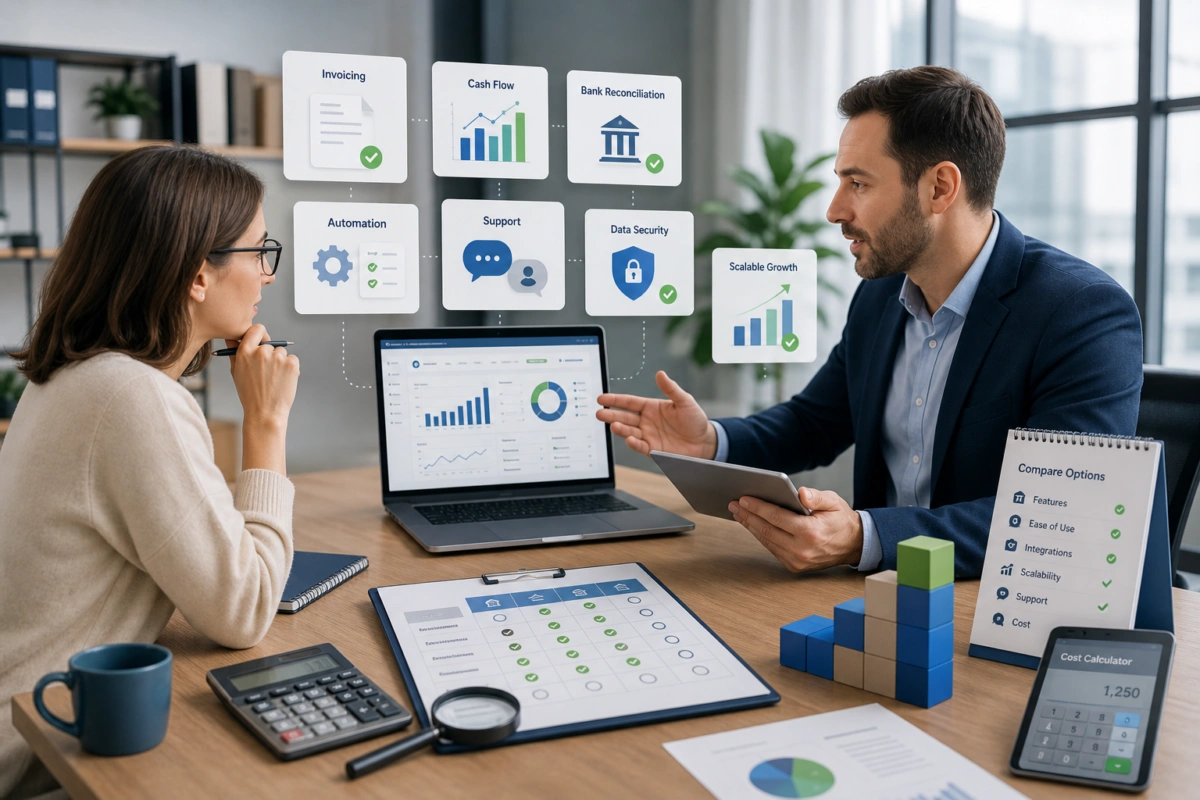 Réunion de conseil avec tableaux de bord financiers, comparaison d’options et indicateurs de croissance, automatisation et sécurité