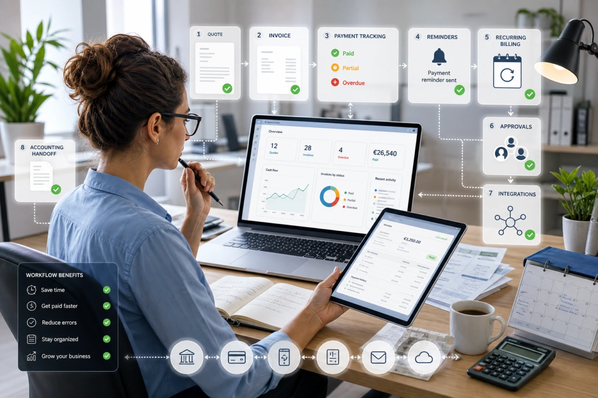 Schéma de workflow de facturation avec tableaux de bord, paiements, rappels, approbations et intégrations autour d’une employée au bureau